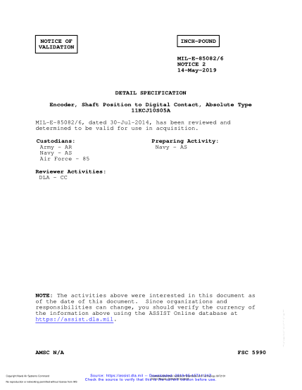 NAVY MIL-E-85082/6 VALID NOTICE 2-2019  Encoder, Shaft Position To Digital Contact, Absolute Type 11Kcj10S05A