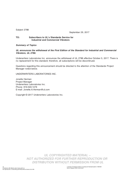 UL 2788 BULLETIN-2017  Ul Standard For Safety Industrial And Commercial Vibrators