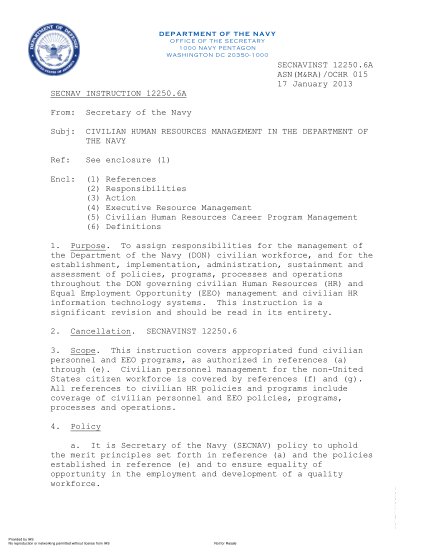 NIDS SECNAV 12250.6 A-2013  (Asn(M&Ra)/Ochr 015) Civilian Human Resources Management In The Department Of The Navy