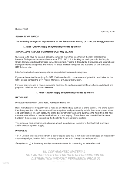 UL 1340 BULLETIN/3-2019  UL Standard For Safety Hoists (Comments Due: May 20, 2019)
