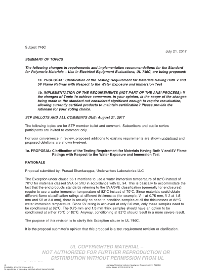 UL 746C BULLETIN/3-2017  UL Standard for Safety Polymeric Materials – Use in Electrical Equipment Evaluations (COMMENTS DUE: August 21, 2017)