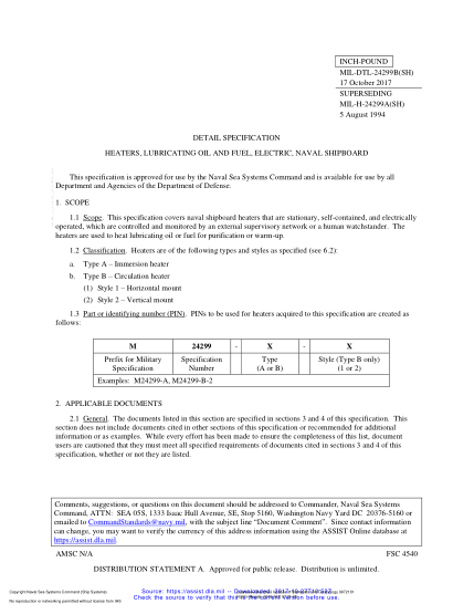 NAVY MIL-DTL-24299B-2017  Heaters,Lubricating Oil And Fuel,Electric Naval Shipboard