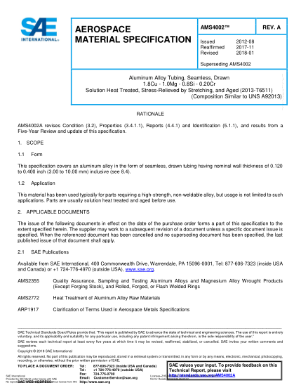SAE AMS4002A-2018  Aluminum Alloy Tubing,Seamless,Drawn 1.8Cu - 1.0Mg - 0.8Si - 0.20Cr Solution Heat Treated,Stress-Relieved By Stretching,And Aged (2013-T6511) (Uns A92013)