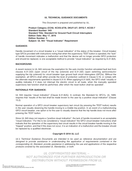UL 943 TGD-2018  UL Standard for Safety Ground-Fault Circuit-Interrupters - Subject: UL 943 “Visual Indicator” Requirement (Edition 5: May 17, 2016)