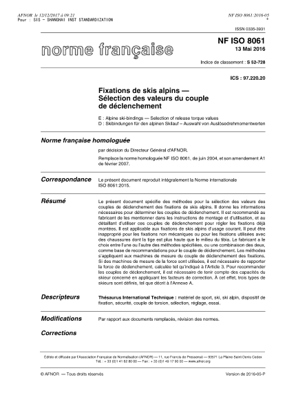 NF ISO 8061-2016 高山雪橇的安裝 脫扣扭矩值的選擇方法 Alpine ski-bindings - Selection of release torque values