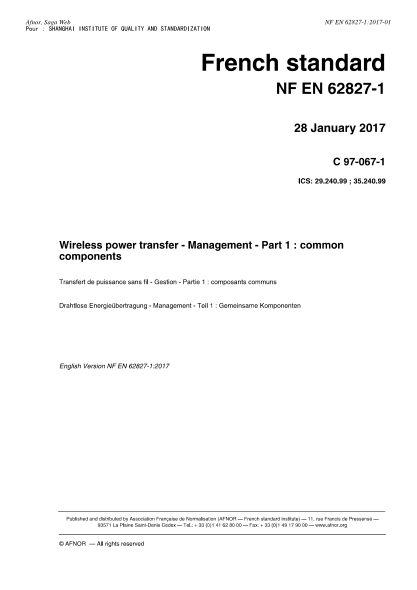 NF C97-067-1-2017   Wireless power transfer - Management - Part 1 - common components
