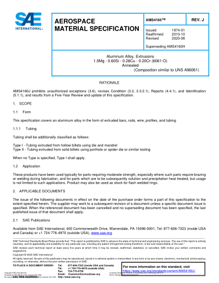 SAE AMS4160J-2020  Aluminum Alloy, Extrusions 1.0Mg - 0.60Si - 0.28Cu - 0.20Cr (6061-O) Annealed (Uns A96061)
