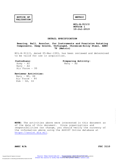 NAVY MIL-B-913/2 VALID NOTICE 1-2019  Bearing, Ball, Annular, For Instruments And Precision Rotating Components, Deep Groove, Unflanged, Chromium-Alloy Steel, Abec 7P (Metric)