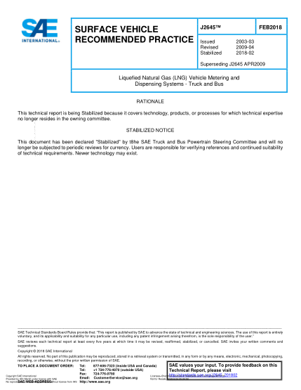SAE J2645-2018  Liquefied Natural Gas (LNG) Vehicle Metering and Dispensing Systems—Truck and Bus