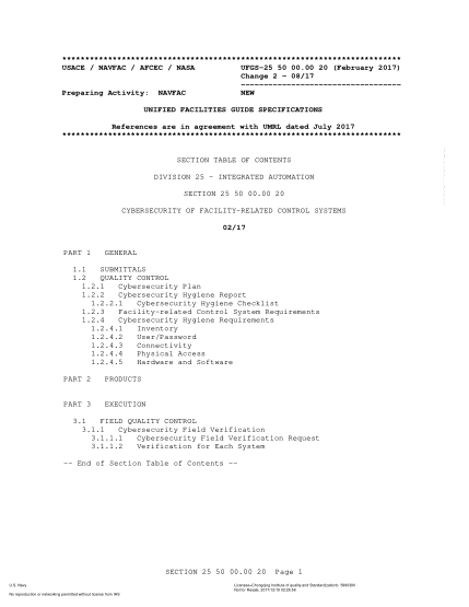 NAVY UFGS-25 50 00.00 20-2017   Cybersecurity Of Facility-Related Control Systems (Incorporating Change 2:8/1/2017)