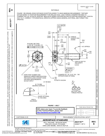 SAE AS3119B-2019  Bolt, Machine - Hexagon Head, Drilled 6 Holes, Pd Shank, Cres (Uns S66286), .5000-20 Unjf-3A