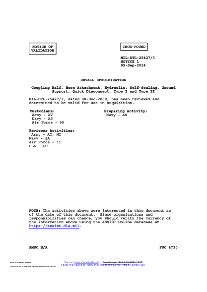 NAVY MIL-DTL-25427/3 VALID NOTICE 1-2014  Coupling Half, Hose Attachment, Hydraulic, Self-Sealing, Ground Support, Quick Disconnect, Type I and Type II