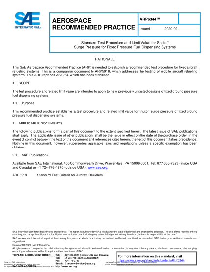 SAE ARP6344-2020  Standard Test Procedure And Limit Value For Shutoff Surge Pressure For Fixed Pressure Fuel Dispensing Systems