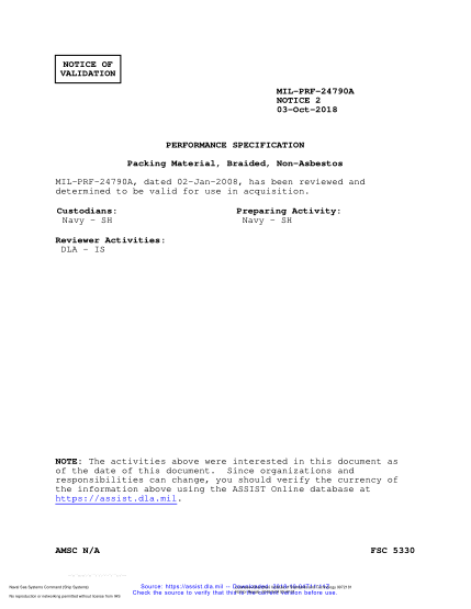 NAVY MIL-PRF-24790A VALID NOTICE 2-2018  Packing Material, Braided, Non-Asbestos