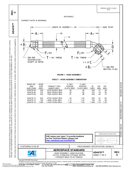 SAE AS4476C-2018  Hose Assembly, Lined Silicone, 125 Psi, Flareless, Potable Water, Straight Male To 45° Female
