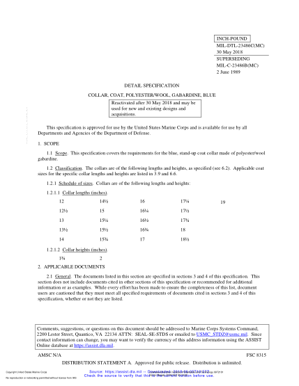 NAVY MIL-DTL-23486C-2018  Collar, Coat, Polyester/Wool, Gabardine, Blue