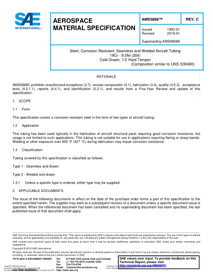 SAE AMS5868C-2019  Steel, Corrosion-Resistant, Seamless And Welded Aircraft Tubing 19Cr - 9.5Ni (Sae 30304) Cold Drawn, 1/2 Hard Temper (Uns S30400)