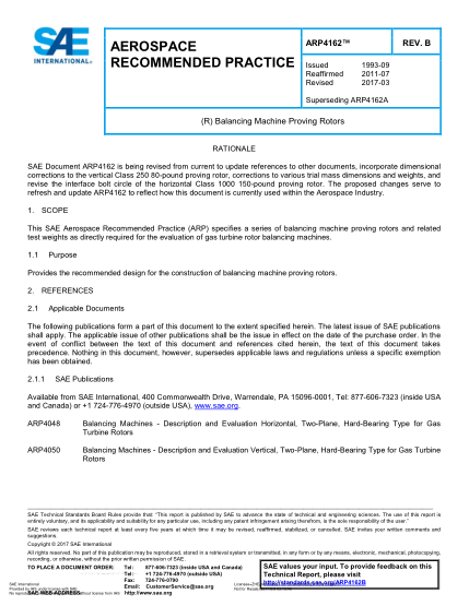 SAE ARP4162B-2017  (R) Balancing Machine Proving Rotors