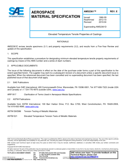 SAE AMS2361E-2019  Elevated Temperature Tensile Properties Of Castings