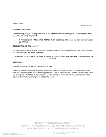 UL 1283 BULLETIN-2017   UL Standard For Safety Electromagnetic Interference Filters (Comments Due: May 9, 2017)