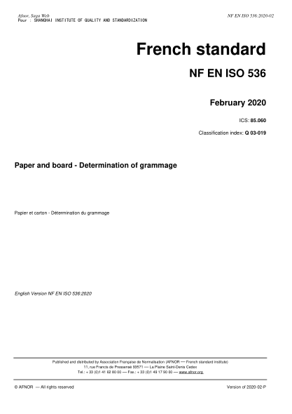 NF EN ISO 536-2020  Paper and board - Determination of grammage