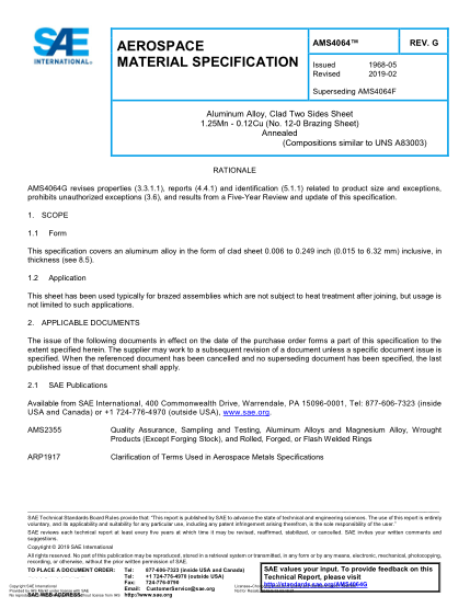 SAE AMS4064G-2019  Aluminum Alloy, Clad Two Sides Sheet 1.25Mn - 0.12Cu (No. 12-0 Brazing Sheet) Annealed (Uns A83003)