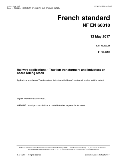 NF F66-310-2017   Railway applications-Traction transformers and inductors on board rolling stock