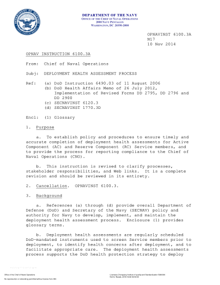 NIDS OPNAV 6100.3A-2014  (N17) Deployment Health Assessment Process