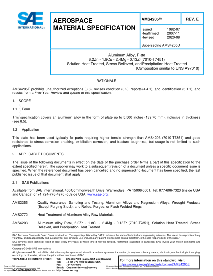 SAE AMS4205E-2020  Aluminum Alloy, Plate 6.2Zn - 1.8Cu - 2.4Mg - 0.13Zr (7010-T7451) Solution Heat Treated, Stress Relieved, And Precipitation Heat Treated (Uns A97010)