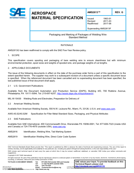 SAE AMS2813G-2011(R2017)  Packaging And Marking Of Packages Of Welding Wire Standard Method