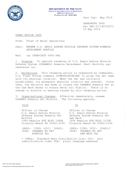 NIDS OPNAV NOTE 5400 14U102271-2014  (Ser Dns-33/14U102271) Rename U.S. Aegis Ashore Missile Defense System Romania Detachment Norfolk