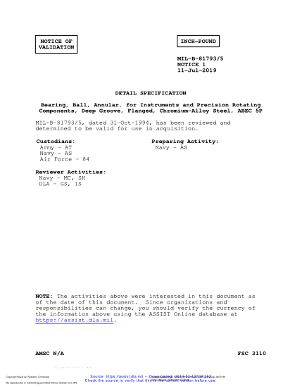 NAVY MIL-B-81793/5 VALID NOTICE 1-2019  Bearing, Ball, Annular, For Instruments And Precision Rotating Components, Deep Groove, Flanged, Chromium-Alloy Steel, Abec 5P