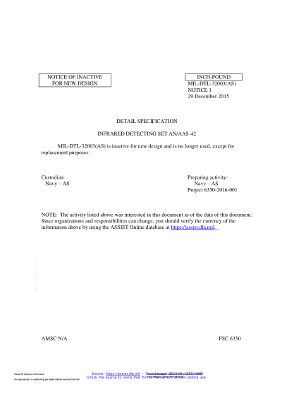 NAVY MIL-DTL-32003 NOTICE 1-2015  Infrared Detecting Set An/Aas-42