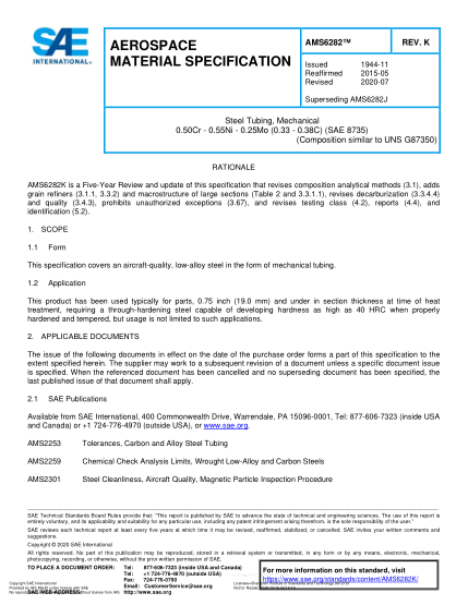 SAE AMS6282K-2020  Steel Tubing, Mechanical 0.50Cr - 0.55Ni - 0.25Mo (0.33 - 0.38C) (Sae 8735) (Uns G87350)