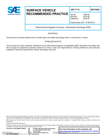 SAE J551-15-2020  Vehicle Electromagnetic Immunity - Electrostatic Discharge (Esd)