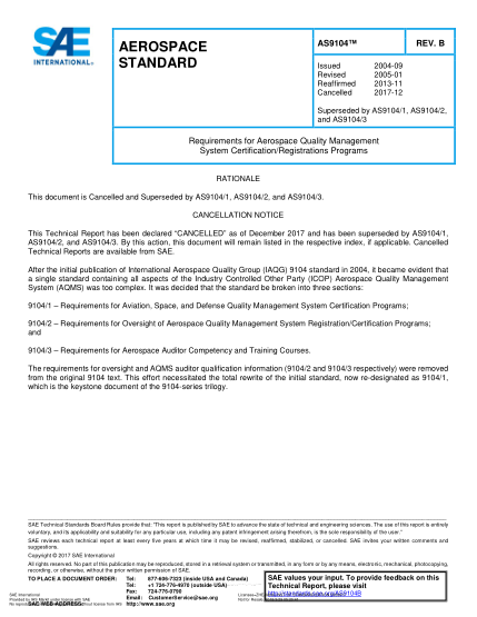 SAE AS9104B-2017  Requirements For Aerospace Quality Management System Certification/Registrations Programs