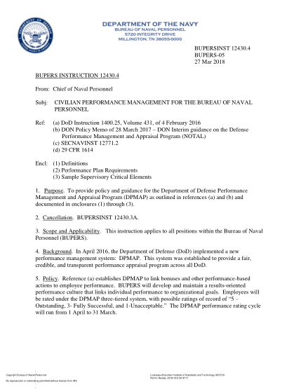 NIDS BUPERS 12430.4-2018  (Bupers-05) Civilian Performance Management For The Bureau Of Naval Personnel
