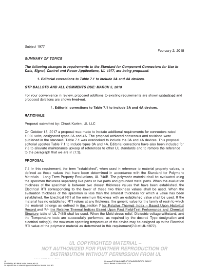 UL 1977 BULLETIN-2018  Ul Standard For Safety Component Connectors For Use In Data, Signal, Control And Power Applications (Comments Due: March 5, 2018)