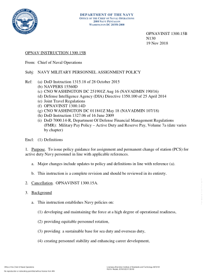 NIDS OPNAV 1300.15B-2018  (N130) Navy Military Personnel Assignment Policy