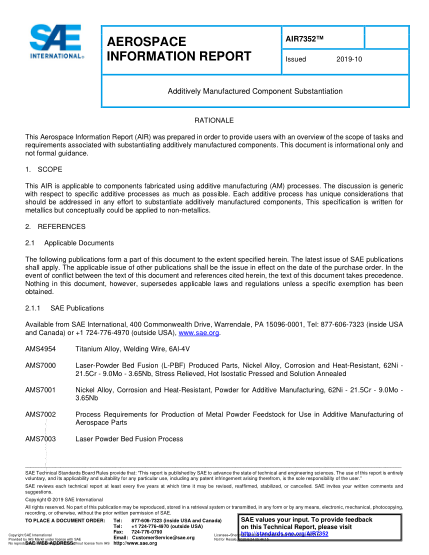 SAE AIR7352-2019  Additively Manufactured Component Substantiation