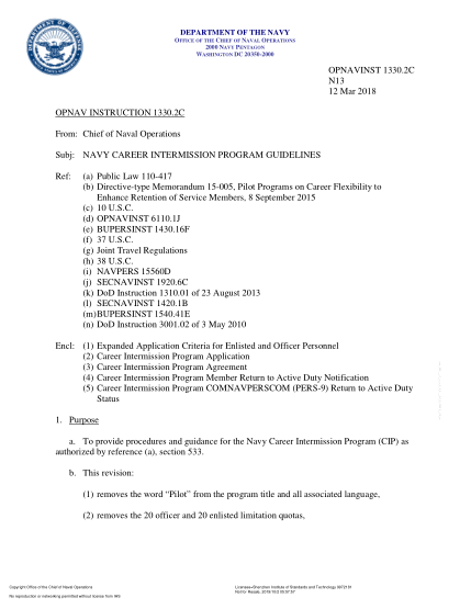NIDS OPNAV 1330.2C-2018  (N13) Navy Career Intermission Pilot Program Guidelines