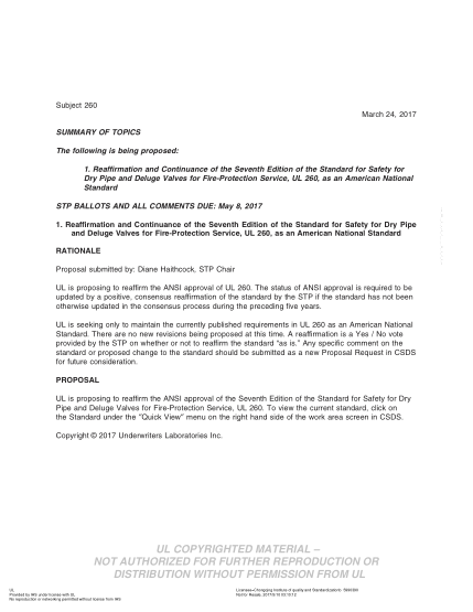 UL 260 BULLETIN-2017   Ul Standard For Safety Dry Pipe And Deluge Valves For Fire-Protection Service (Comments Due:May 8, 2017)