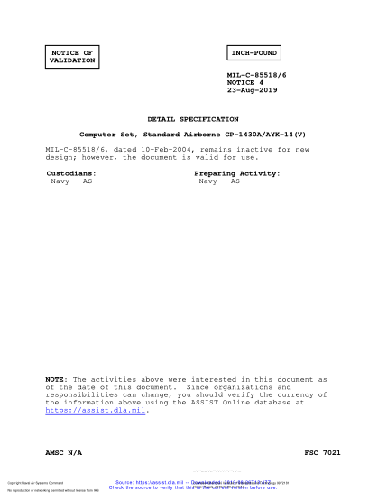NAVY MIL-C-85518/6 VALID NOTICE 4-2019  Computer Set, Standard Airborne Cp-1430A/Ayk-14(V)