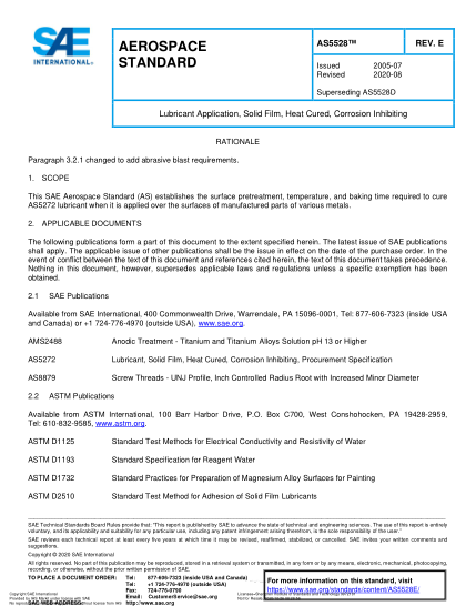 SAE AS5528E-2020  Lubricant Application, Solid Film, Heat Cured, Corrosion Inhibiting