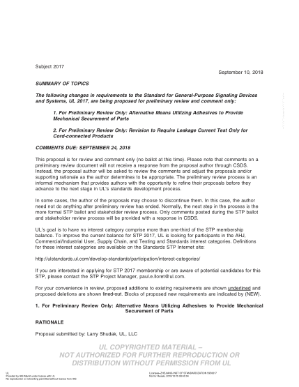 UL 2017 BULLETIN-2018  UL Standard for Safety General-Purpose Signaling Devices and Systems (COMMENTS DUE: SEPTEMBER 24, 2018)