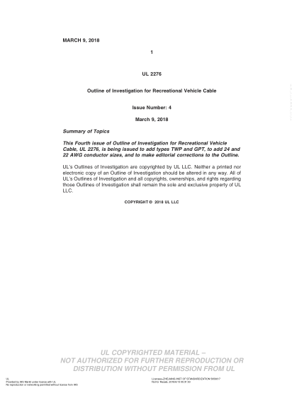 UL SUBJECT 2276-2018  Ul Outline Of Investigation For Recreational Vehicle Cable (Issue 4)