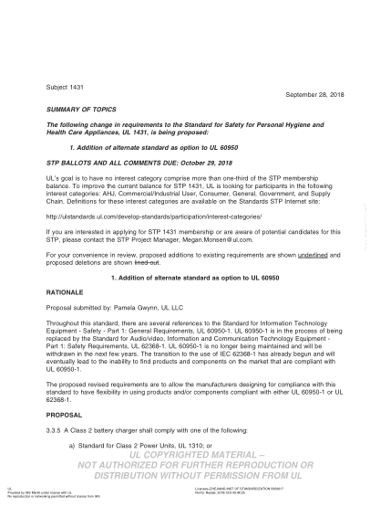 UL 1431 BULLETIN-2018  UL Standard For Safety Personal Hygiene And Health Care Appliances (Comments Due: October 29, 2018)