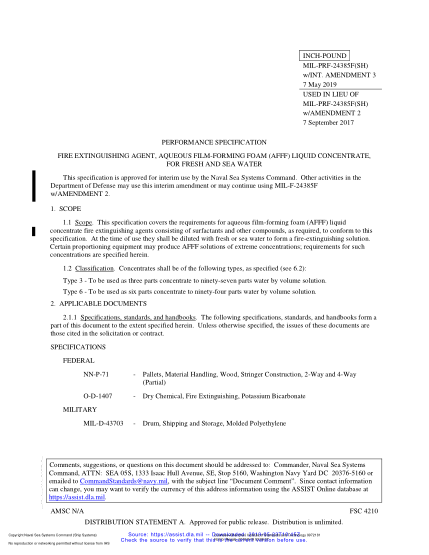 NAVY MIL-PRF-24385F W/INT AMD 3-2019  Fire Extinguishing Agent, Aqueous Film-Forming Foam (Afff) Liquid Concentrate, For Fresh And Sea Water
