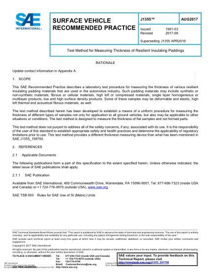 SAE J1355-2017   Test Method For Measuring Thickness Of Resilient Insulating Paddings