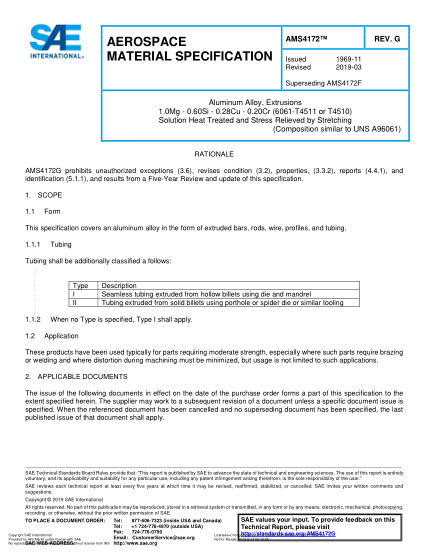SAE AMS4172G-2019  Aluminum Alloy, Extrusions 1.0Mg - 0.60Si - 0.28Cu - 0.20Cr (6061-T4511 Or T4510) Solution Heat Treated And Stress Relieved By Stretching (Uns A96061)